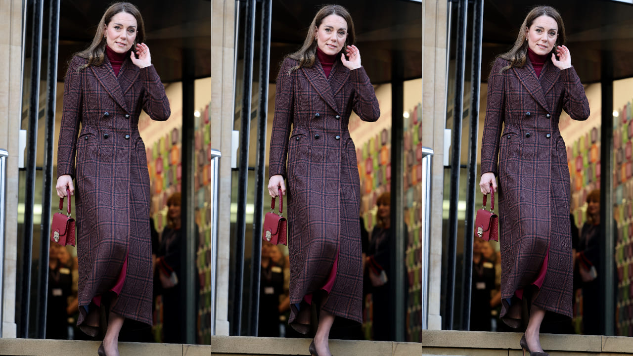 Kate Middleton sets tone for winter fashion in burgundy separates and tartan long coat