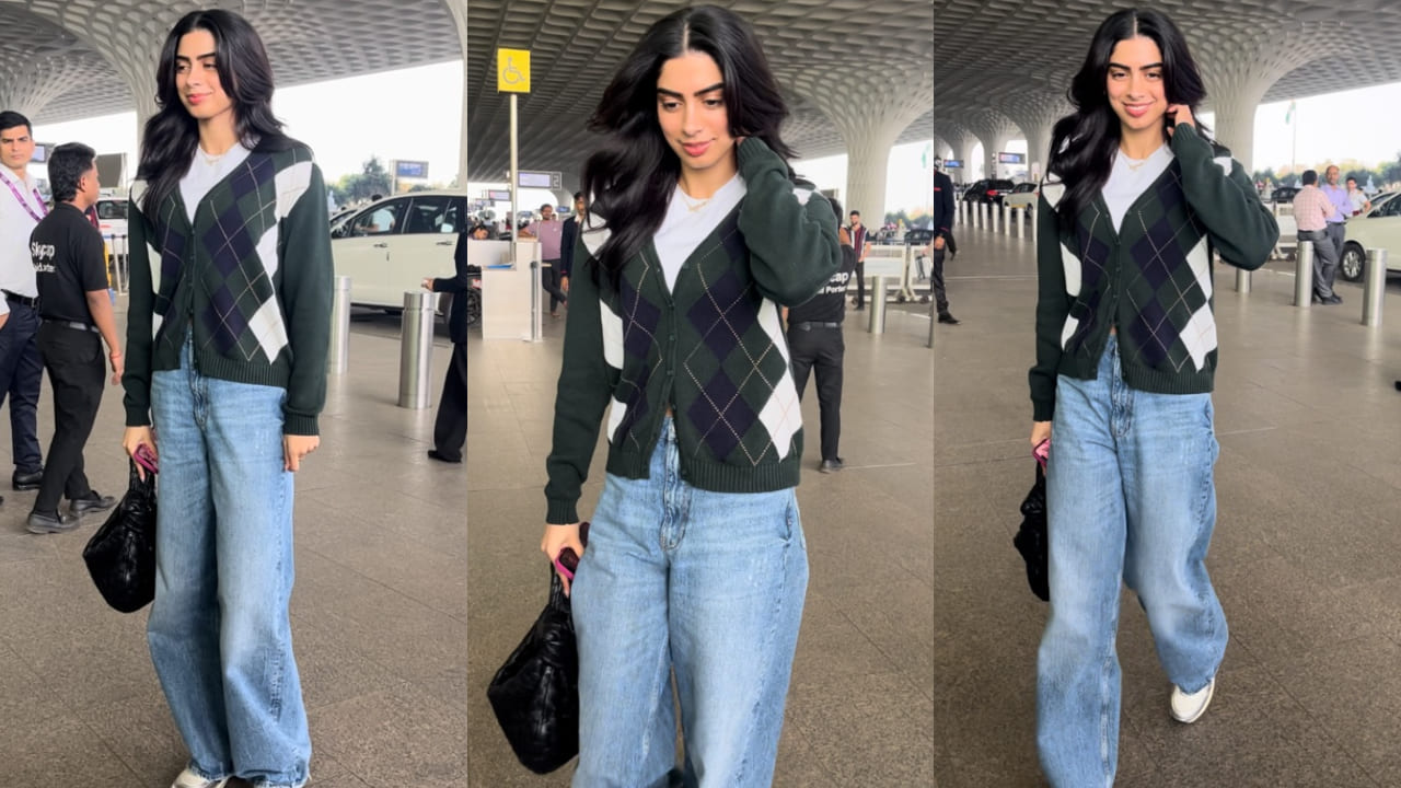  Khushi Kapoor slays winter day in argyle cardigan, wide-leg jeans and Rs 3.4L Bottega bag