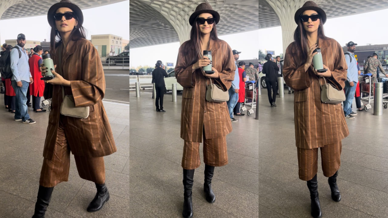 Sonam Kapoor once again turns on her diva mode in a Rs 43,950 brown co-ord set as she gets spotted at the airport. 