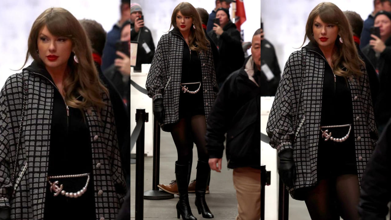 Taylor Swift in head-to-toe black Chanel with a tweed coat and romper is pure luxe fashion