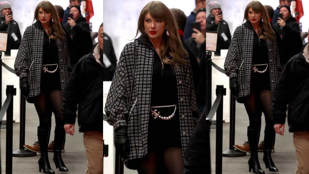 Taylor Swift in head-to-toe black Chanel with a tweed coat and romper is pure luxe fashion