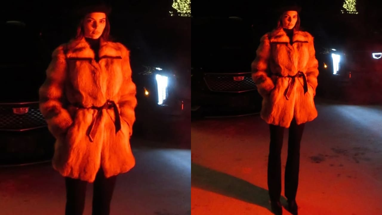  Kendall Jenner gets winter style on a lock-in fur coat and black pants 