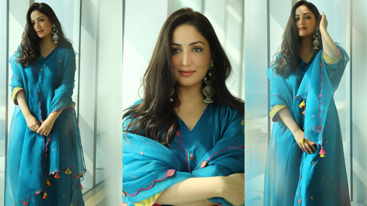 Yami Gautam looks oh-so mesmerizing in her traditional blue organza kurta set paired with statement earrings