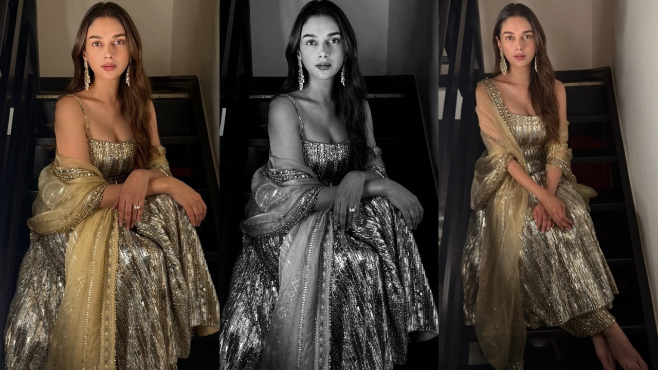 Aditi Rao Hydari was seen dressed in a silver and gold sharara set and she looked like royalty. 