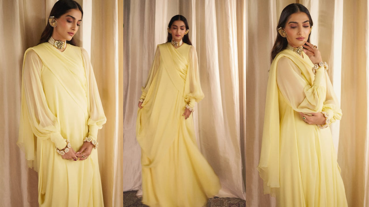  Sonam Kapoor serves up '70s glam in George Stavropolou’s yellow chiffon draped gown 