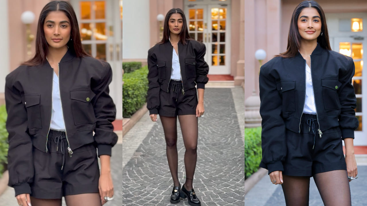 Pooja Hegde in black jacket and shorts for deva promotions