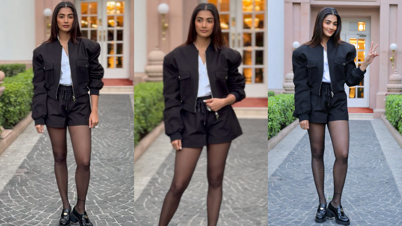 Pooja Hegde in black jacket and shorts for deva promotions