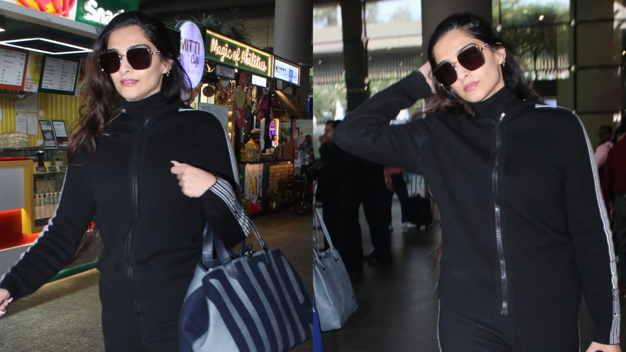 Sonam Kapoor's sporty airport look in tracksuit & sneakers; styles it with her Dior bag