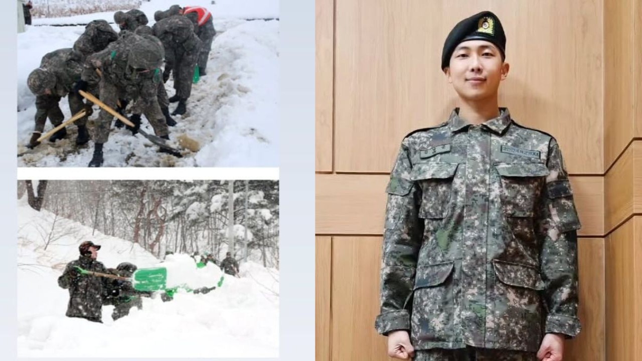 Soldiers shovelling snow: courtesy of RM's Instagram, BTS' RM: courtesy of RM's Instagram