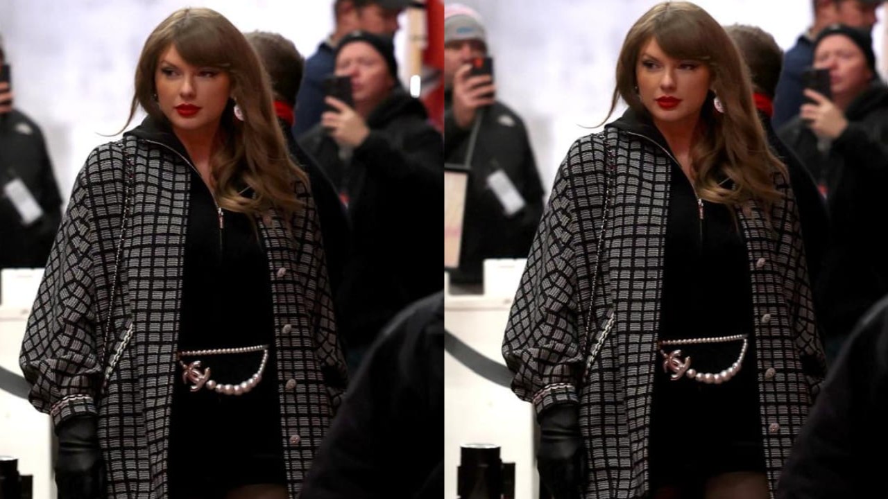 Taylor Swift in head-to-toe black Chanel with a tweed coat and romper is pure luxe fashion