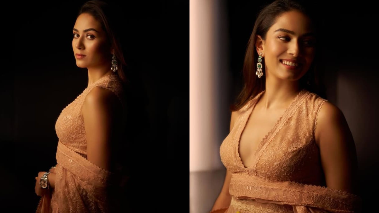 Mira Kapoor in off-shoulder peach silk organza lace saree screams timeless elegance