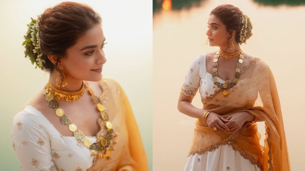 Keerthy Suresh’s white-and-orange half-saree is rooted in tradition with stylish twist