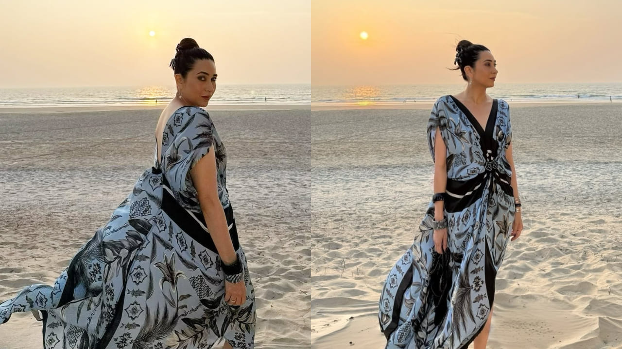 Karisma Kapoor brings an easy, breezy vibe to her sunset mood in a kaftan dress worth Rs 24,900