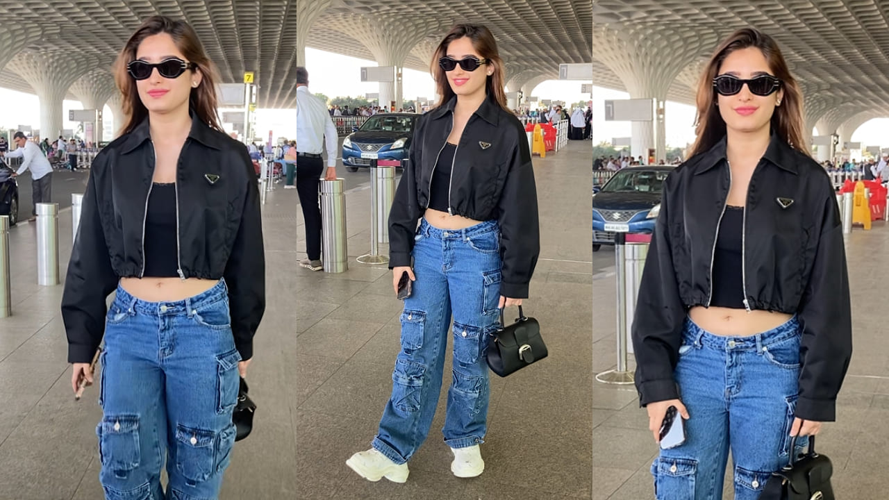 Airport style: Rasha Thadani's black jacket with blue cargo and Delvaux bag look is the ultimate cool-girl fashion inspo