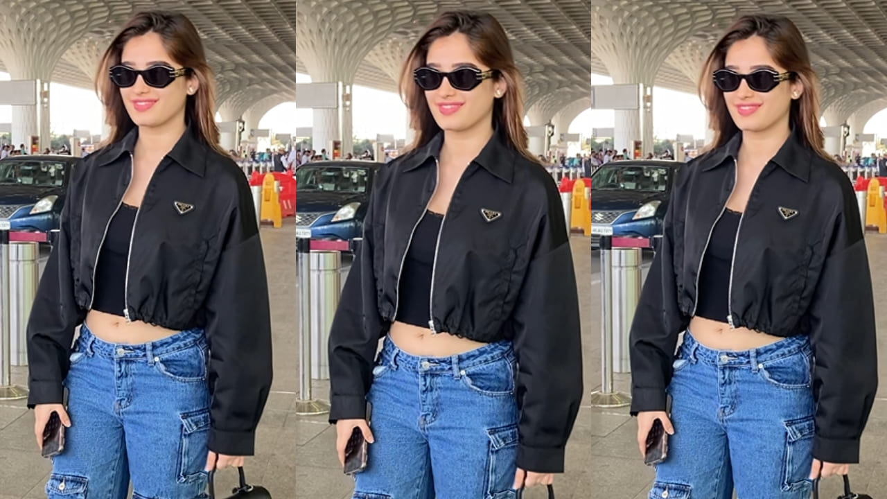 Airport style: Rasha Thadani's black jacket with blue cargo and Delvaux bag look is the ultimate cool-girl fashion inspo