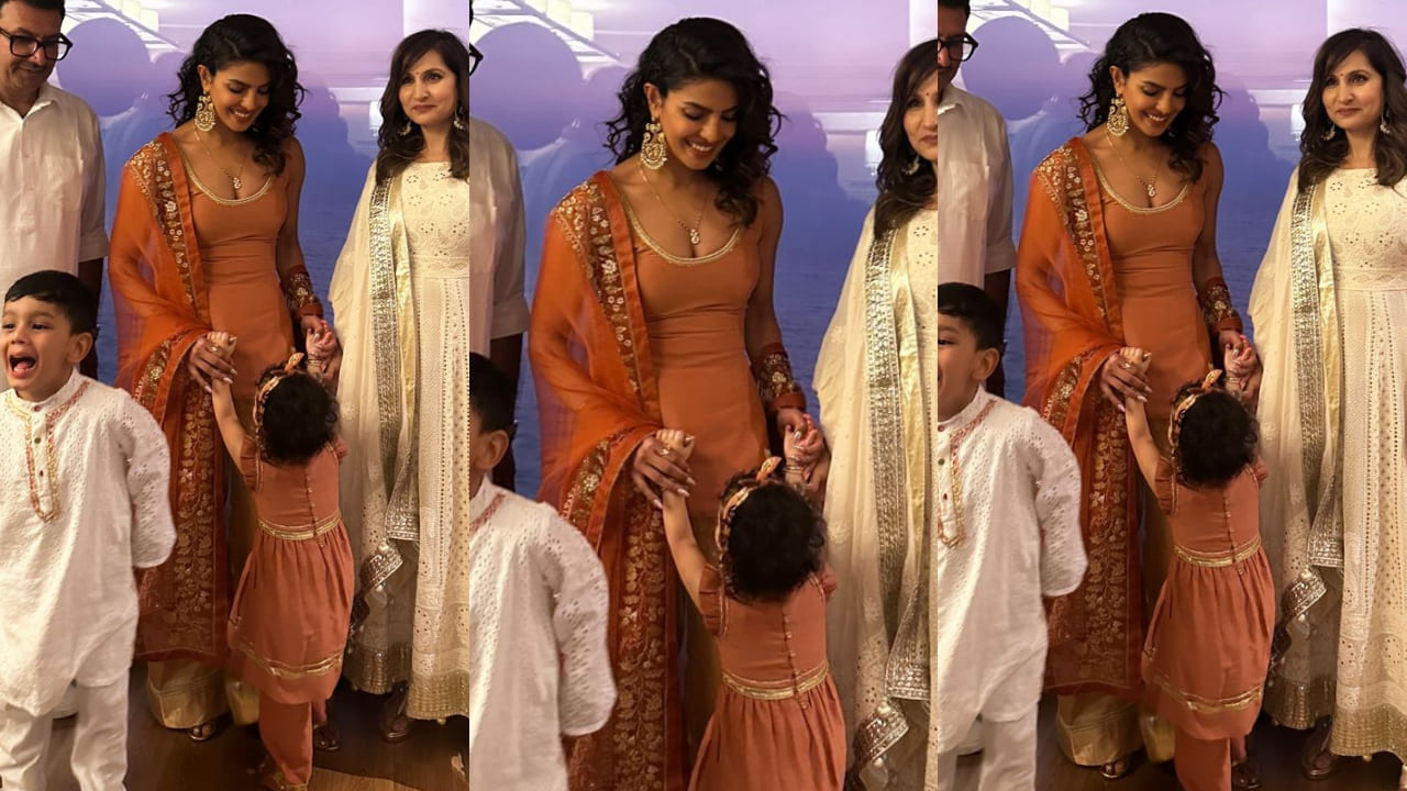 Priyanka Chopra Jonas is twinning and winning with daughter Malti Marie at her brother's pre-wedding celebration in burnt orange dress