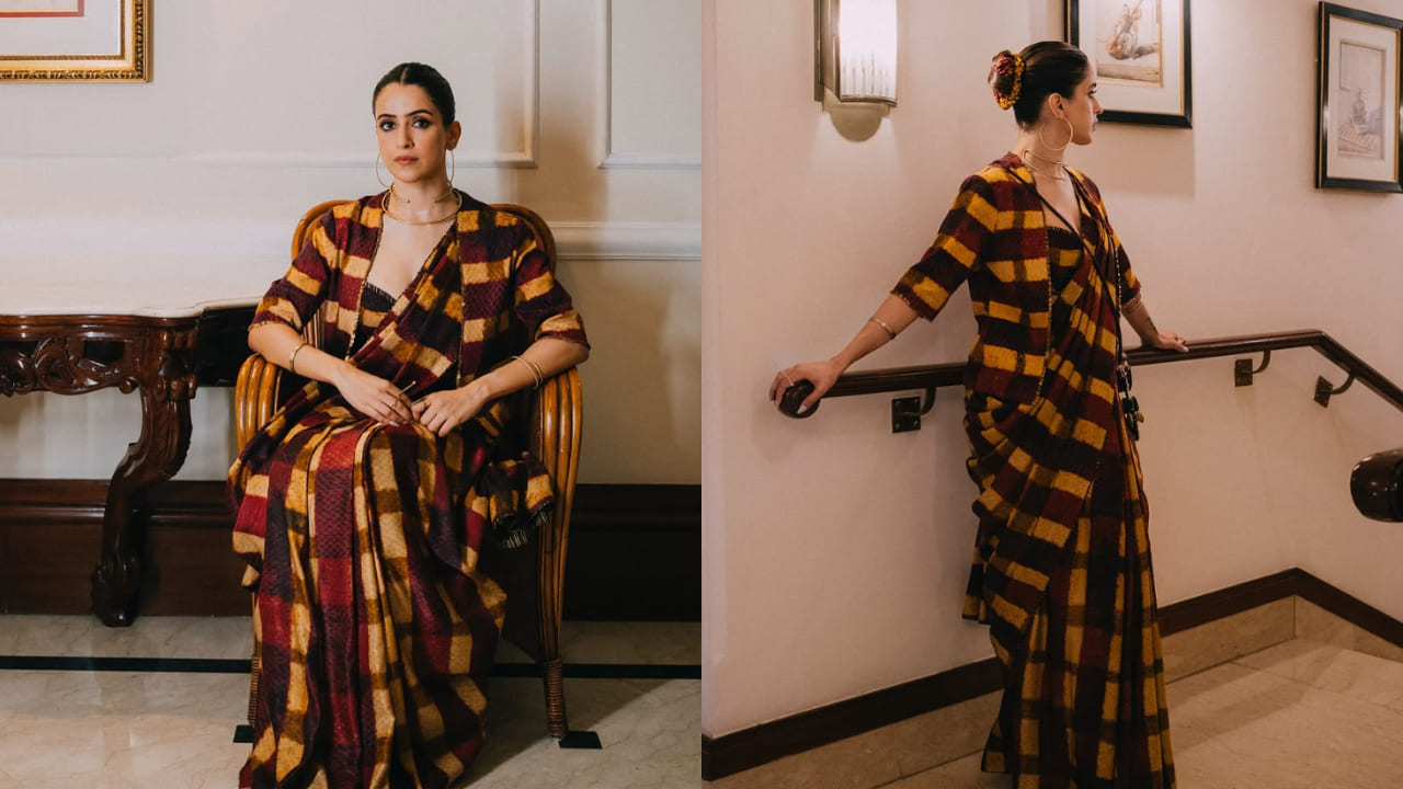 Sanya Malhotra styles her Rs 18,500 saree with a matching jacket, but her neckpiece crafted from waste grabs attention