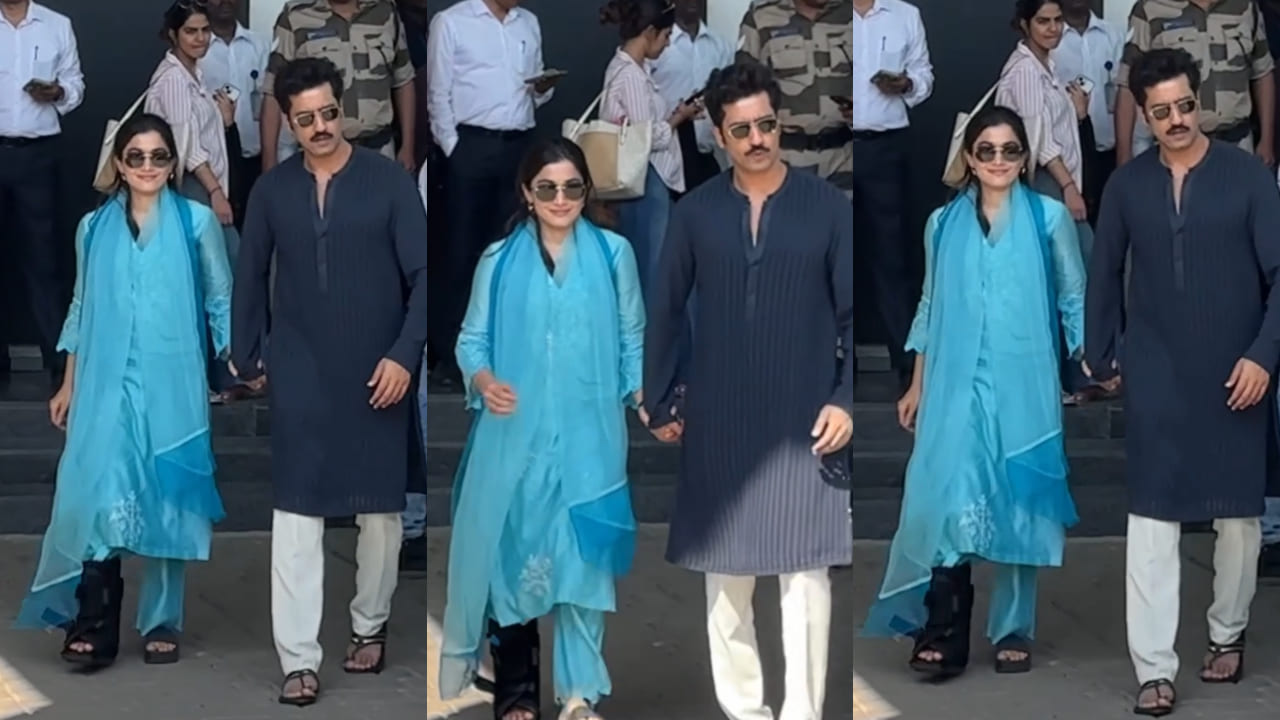 Rashmika Mandanna brings her traditional best to airport in blue silk chanderi kurta set worth Rs 28,500