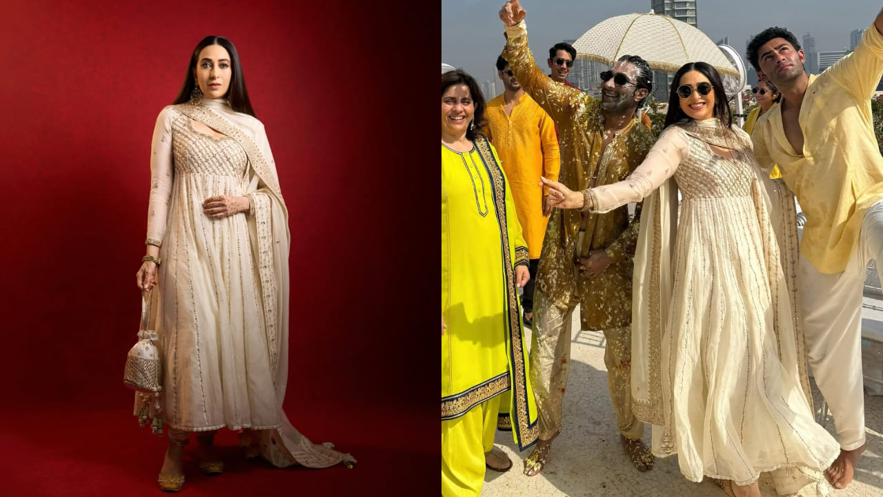 Karisma Kapoor ‘dil le gayi’ with her royal look in ivory anarkali and ₹7k juttis for Aadar Jain’s haldi ceremony