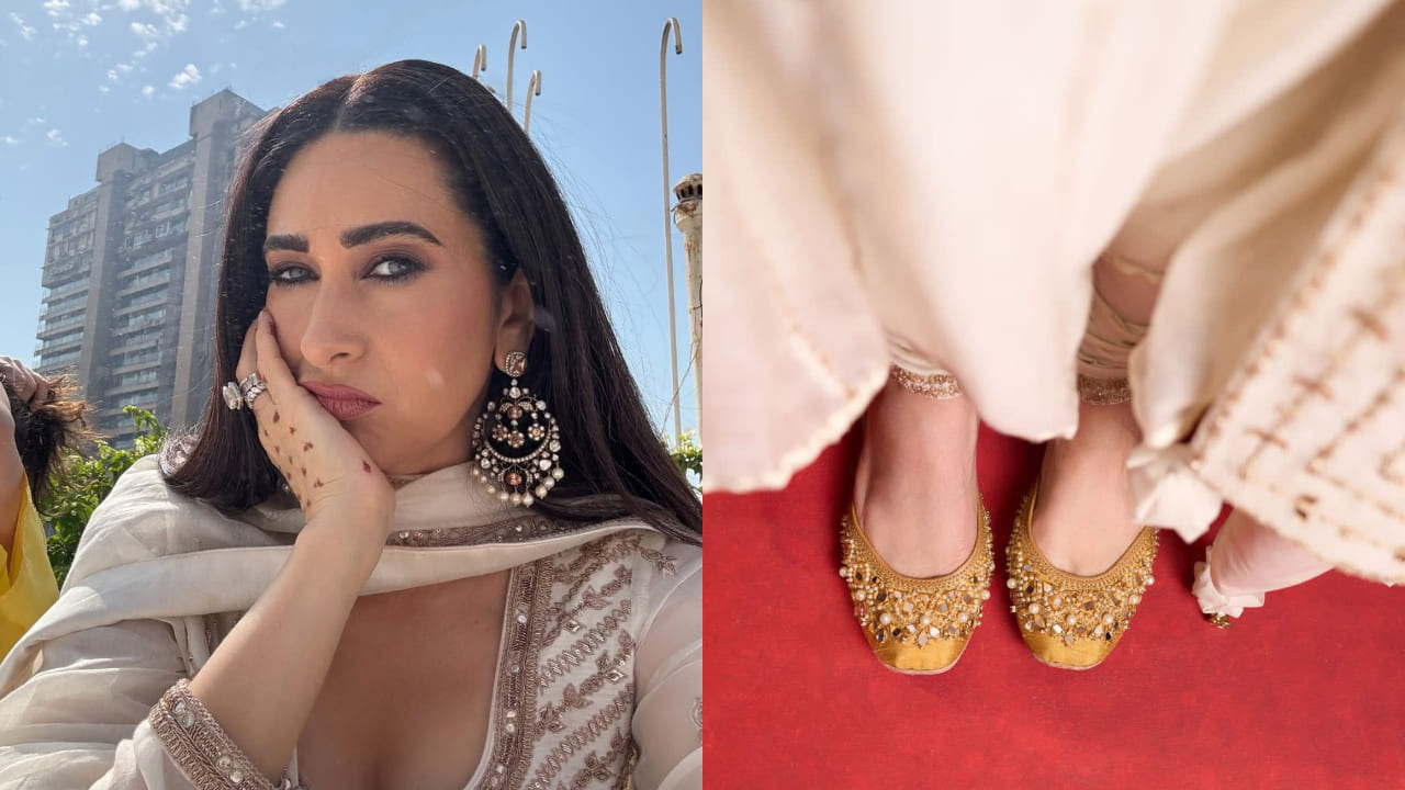 Karisma Kapoor ‘dil le gayi’ with her royal look in ivory anarkali and ₹7k juttis for Aadar Jain’s haldi ceremony