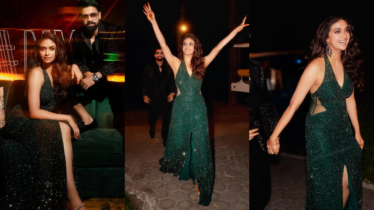 Keerthy Suresh lights up the night in ₹2.45 lakh Rohit Gandhi and Rahul Khanna emerald gown with a bold silhouette 