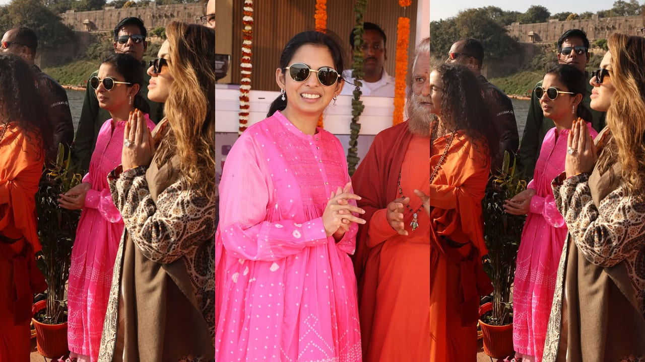 Isha Ambani serves two elegant ethnic looks in ₹59k fuchsia pink and blue bandhani dress at Prayagraj Mahakumbh 2025 along with Anand Piramal