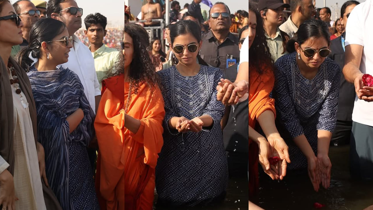 Isha Ambani serves two elegant ethnic looks in ₹59k fuchsia pink and blue bandhani dress at Prayagraj Mahakumbh 2025 along with Anand Piramal