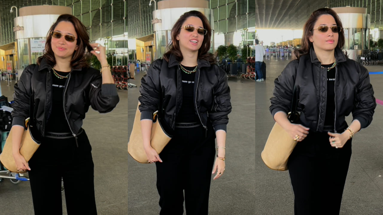 Tamannaah Bhatia chooses a black crop jacket and ₹42K trousers for airport look that’s equal parts trendy and practical