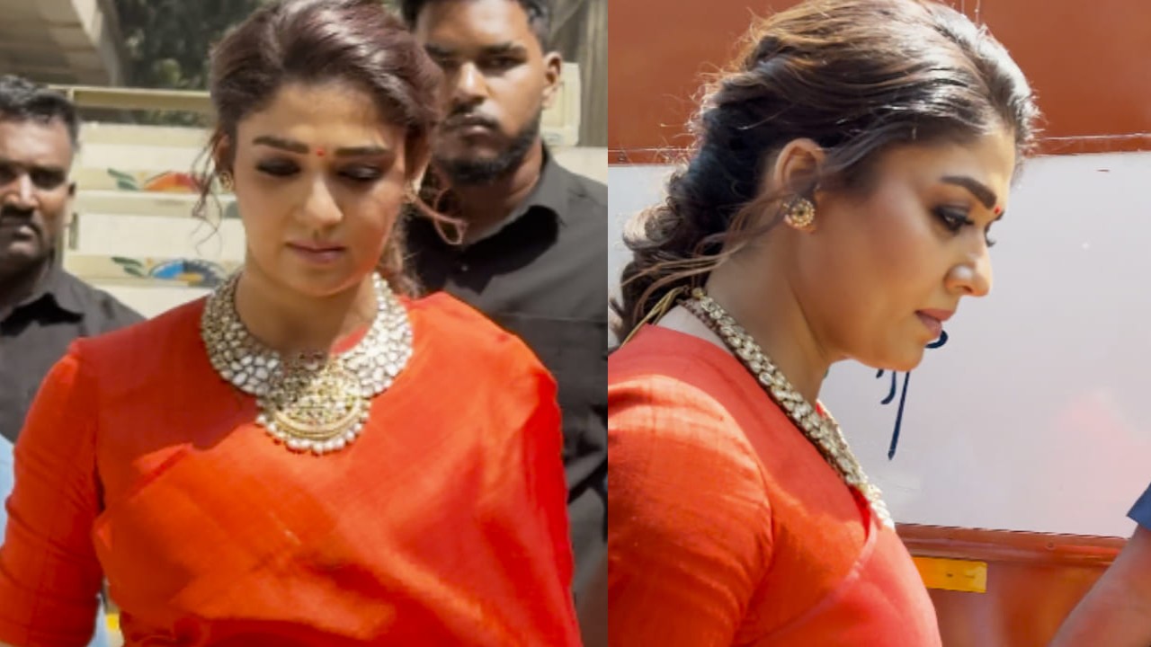 Nayanthara stuns onlookers in elegant and gorgeous red saree as she steps into her vanity van