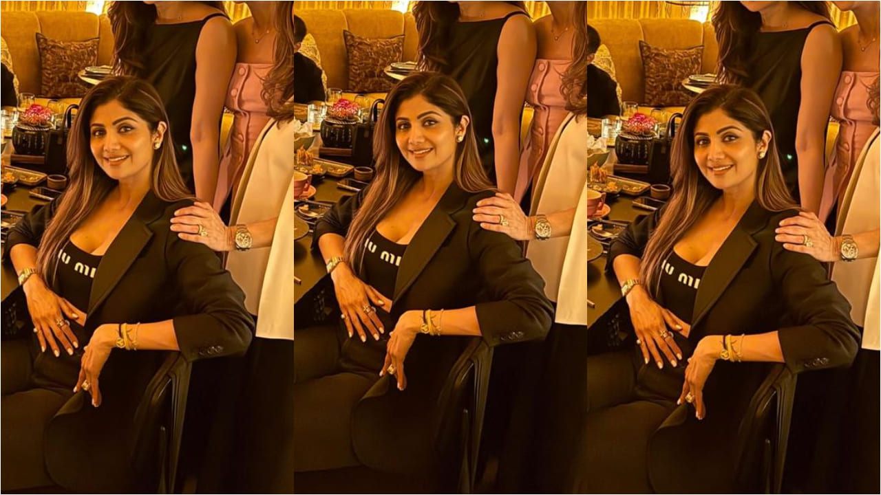 Dhadkan star Shilpa Shetty’s Rs 99K Miu Miu knit top adds a bold edge to her all-black dinner look with a sleek blazer and wide-leg jeans