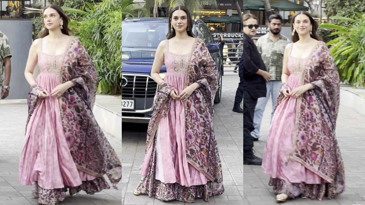 Aditi Rao Hydari exudes desi princess vibes in a dusty pink Anarkali set worth Rs 57,500 by Punit Balana. PC: APH Images