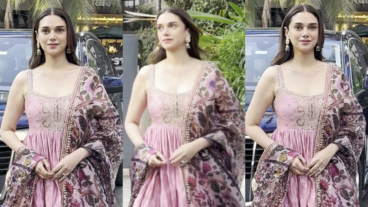 Aditi Rao Hydari exudes desi princess vibes in a dusty pink Anarkali set worth Rs 57,500 by Punit Balana. PC: APH Images