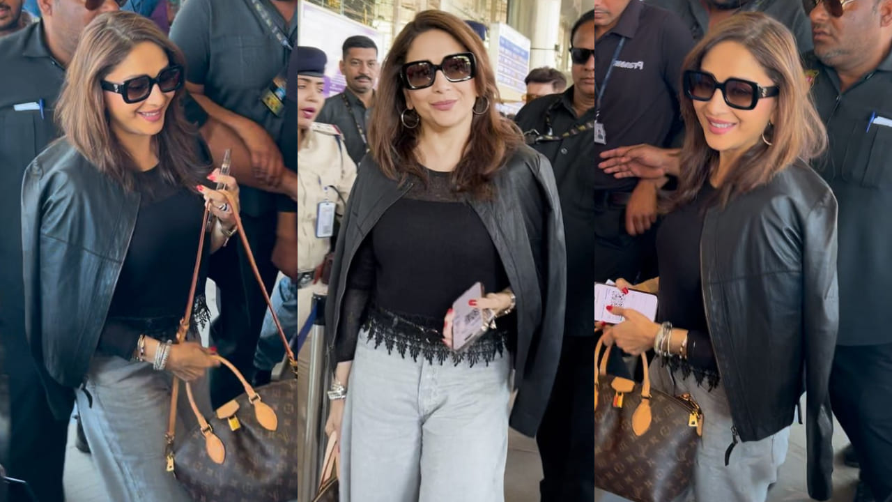 Madhuri Dixit adds posh touch to her leather-jacket airport ensemble with Louis Vuitton bag valued at Rs 1.77L. PC: Bablu