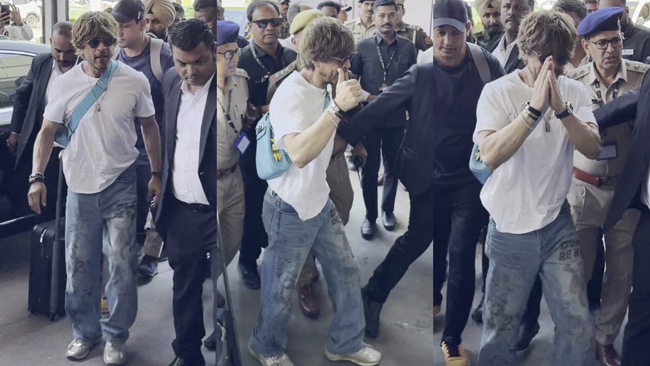 Shah Rukh Khan channels ‘Main Hoon Don’ vibe at Mumbai airport, styles teddy-bear jeans with over Rs 11 lakh Hermès bag. PC: Bablu