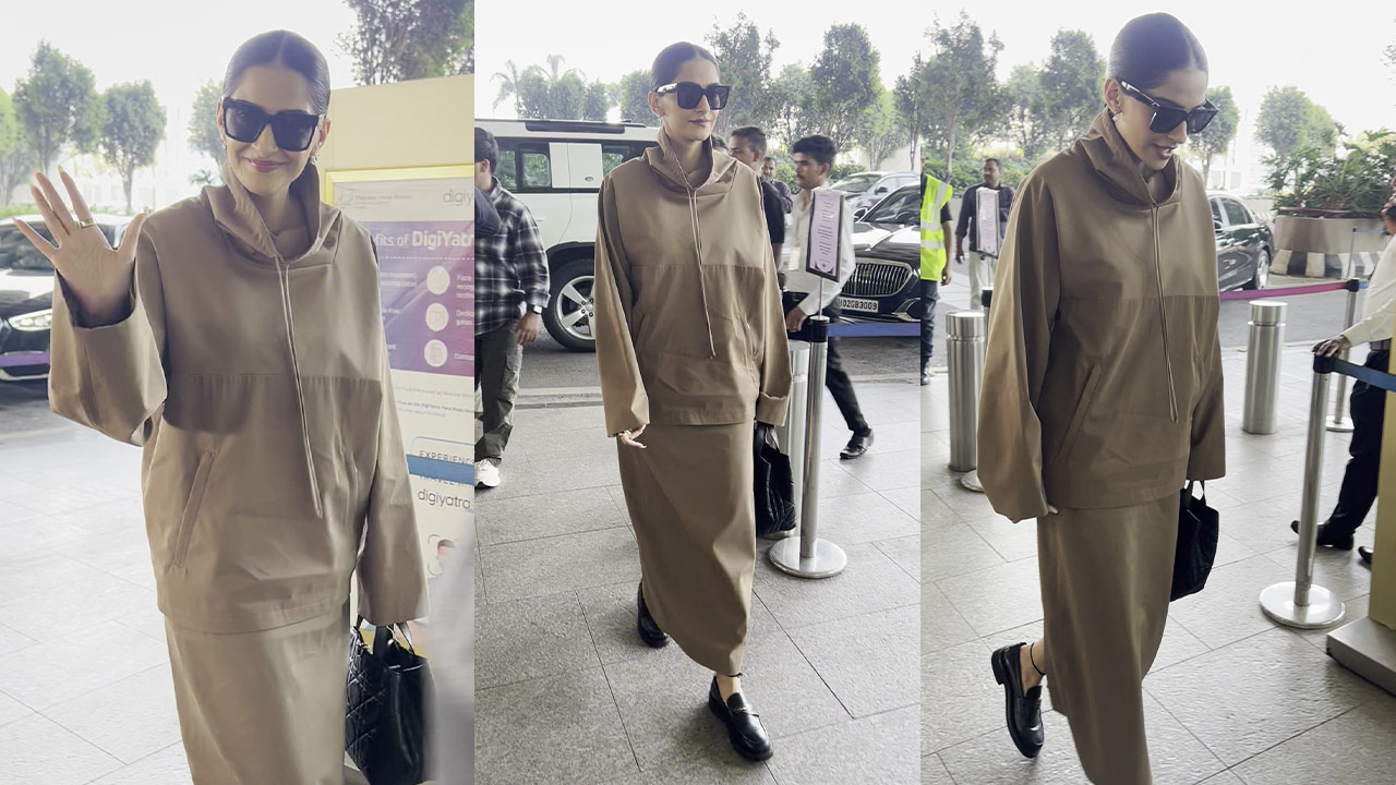 Sonam Kapoor’s Rs 89,000 loafers add a bold touch to her monochromatic hoodie and skirt ensemble. PS: Varinder