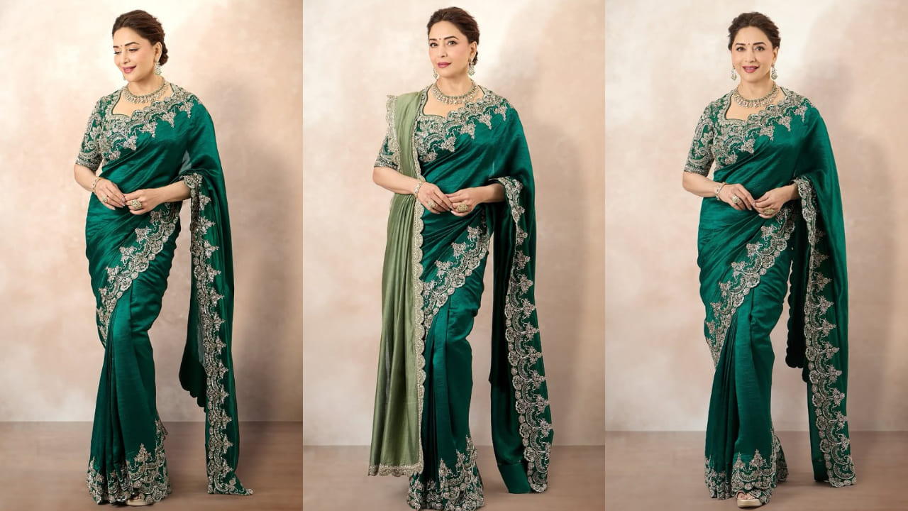 Dhak Dhak Girl Madhuri Dixit styles emerald saree with sage green dupatta for a royal look. PS: Shruti Tejwani 