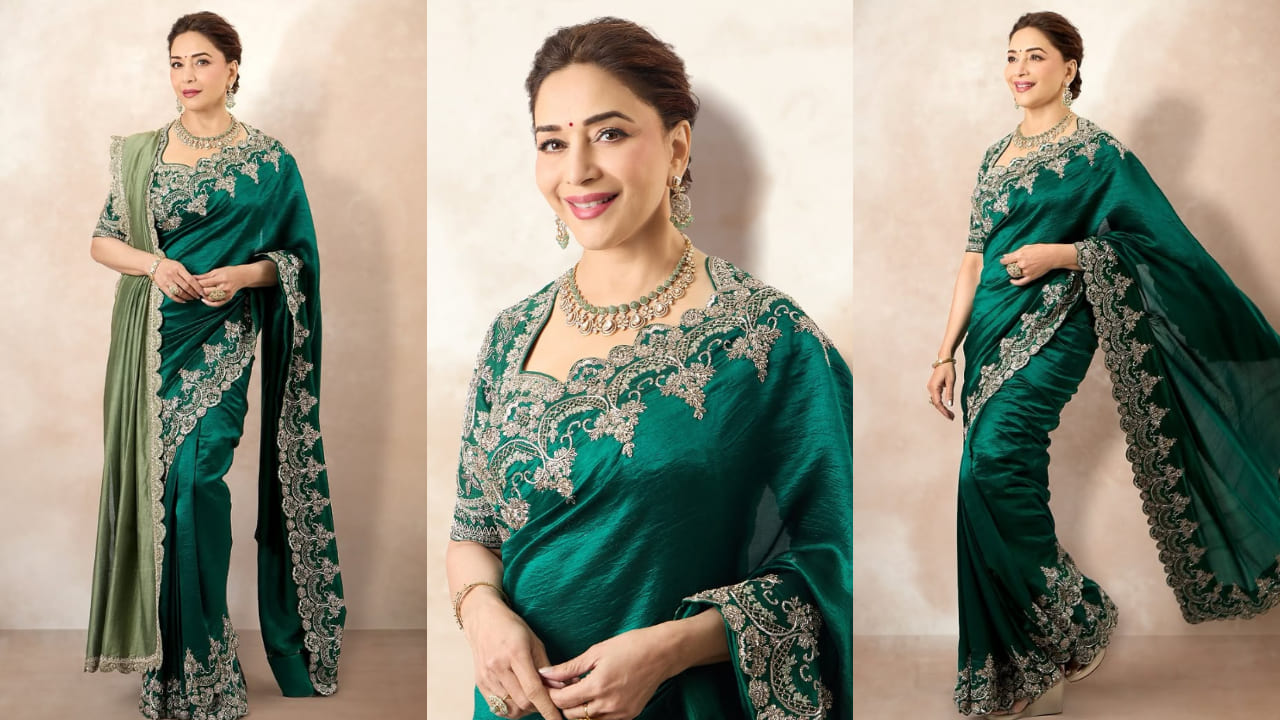 Dhak Dhak Girl Madhuri Dixit styles emerald saree with sage green dupatta for a royal look. PS: Shruti Tejwani 