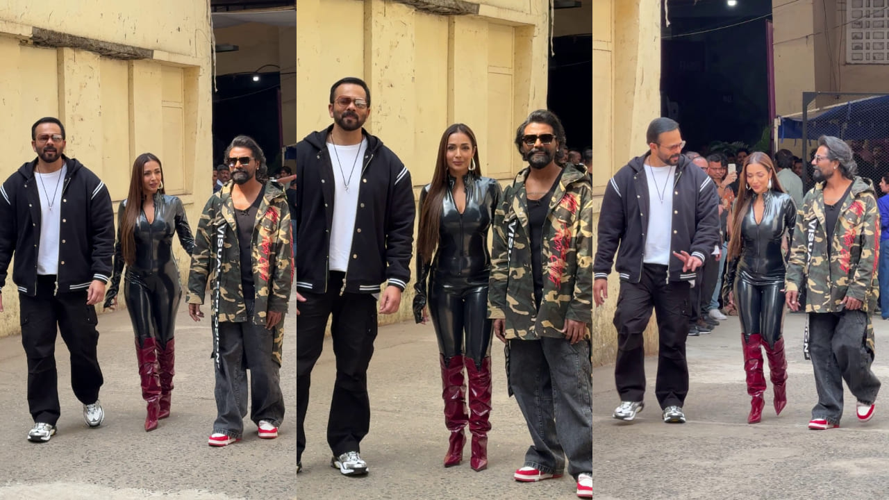 Malaika Arora channels Catwoman energy in a latex bodysuit, walking alongside Rohit Shetty and Remo D’Souza. PS: Varinder 