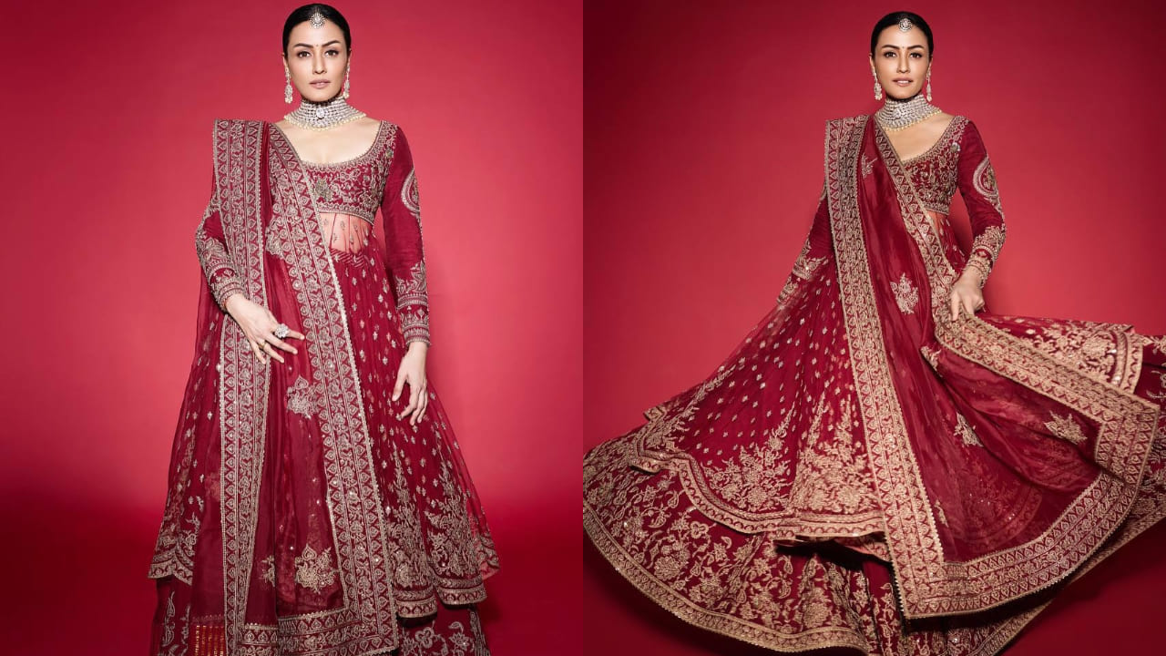 Namrata Shirodkar looks like she is stepping straight out of a vintage painting in Torani's exquisite red lehenga