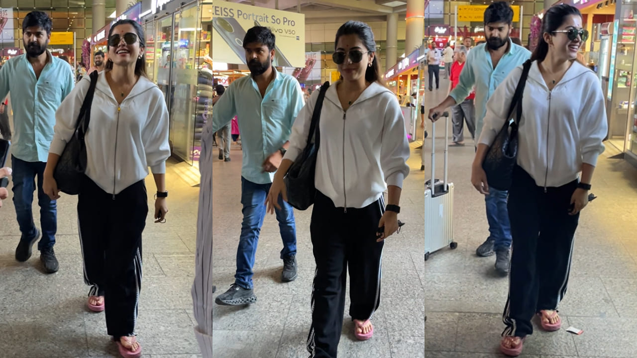 Rashmika Mandanna goes NO-FUSS for her airport look in no makeup, white hoodie and trackpants, giving straight-up travel goals