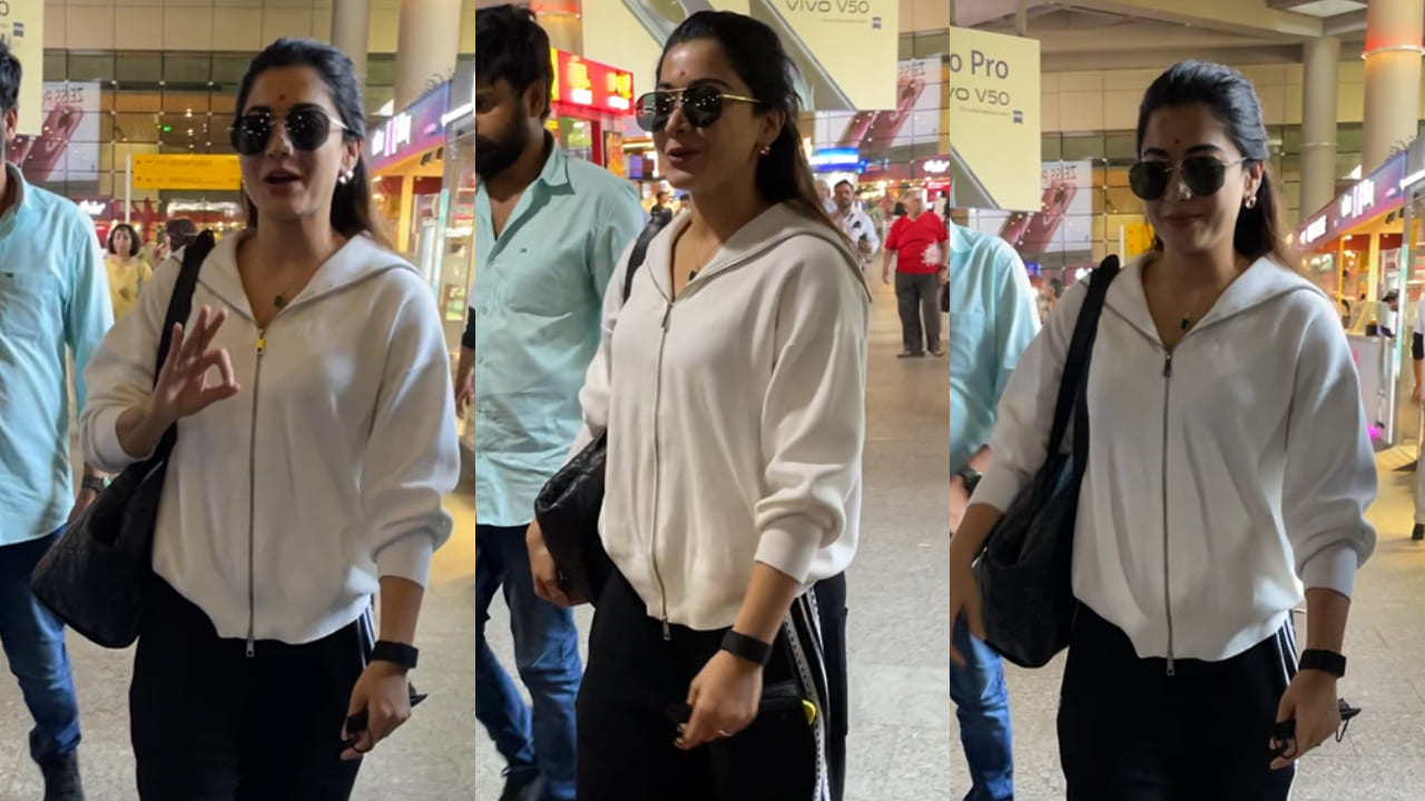 Rashmika Mandanna goes NO-FUSS for her airport look in no makeup, white hoodie and trackpants, giving straight-up travel goals