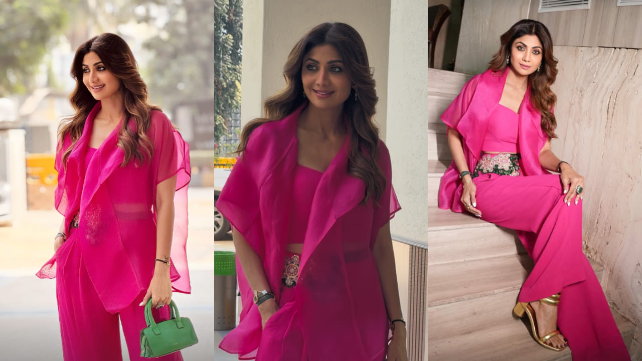 Shilpa Shetty paints the town pink in a statement Rs 58,800 waltz cape pants set