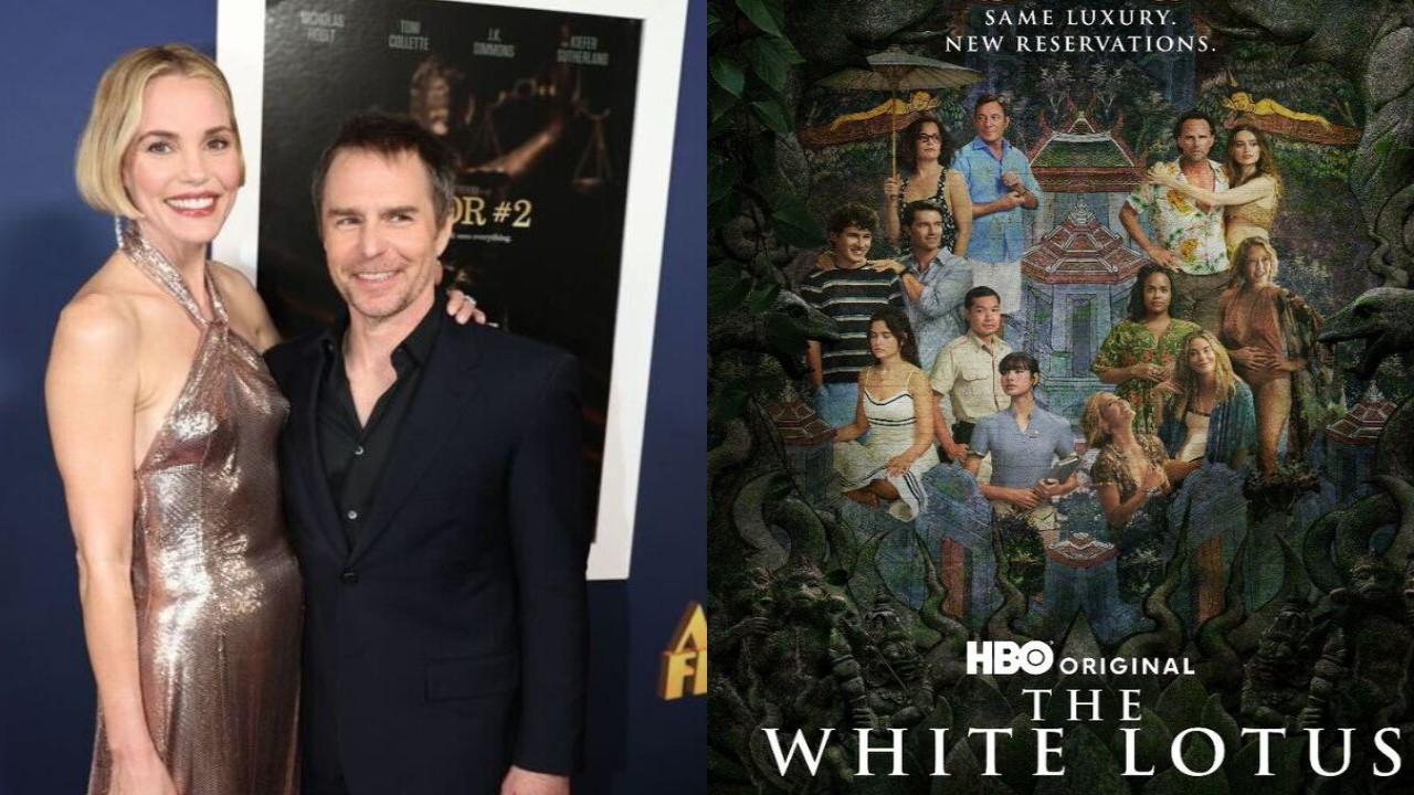 Leslie Bibb and Sam Rockwell (CC: Getty images) and The White Lotus S3 poster (CC: IMDb)