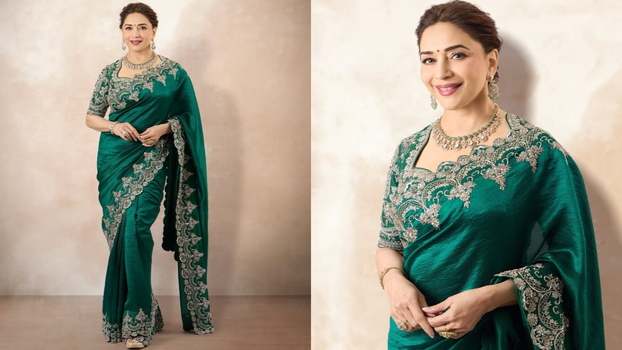 Dhak Dhak Girl Madhuri Dixit styles emerald saree with sage green dupatta for a royal look 