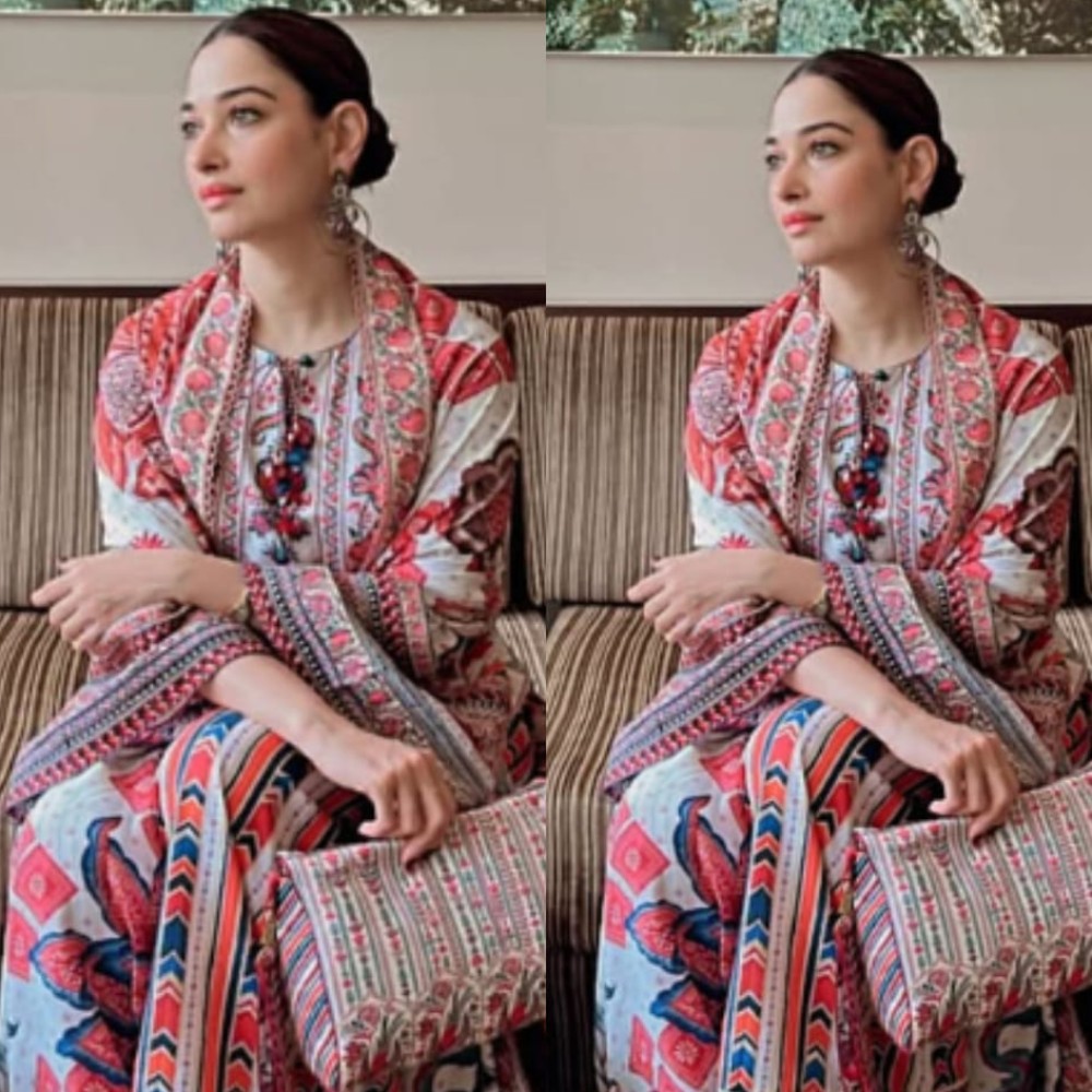 Tamannaah Bhatia channels desi energy for her promotion look in stunning Karan Torani's printed kurta and palazzo set 