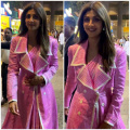 Shilpa Shetty experiments with gingham print in pink saree with oversized coat and we think it’s a HIT