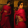 Sonam Kapoor makes royal entry at  Ambanis’ Ganpati celebration in red crushed silk lehenga by Abu Jani Sandeep Khosla 