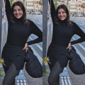 Kajal Aggarwal is a stylish birthday girl in an all-black outfit ft turtleneck top and mini skirt complemented by stockings 