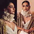 Sonam Kapoor lights up Diwali with tribute to Rohit Bal in flowing white gown, a brown shrug over it and fabulous rosette collar