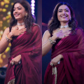 Rashmika Mandanna in burgundy saree is the perfect mix of fire and flower at Pushpa 2: The Rule trailer launch 